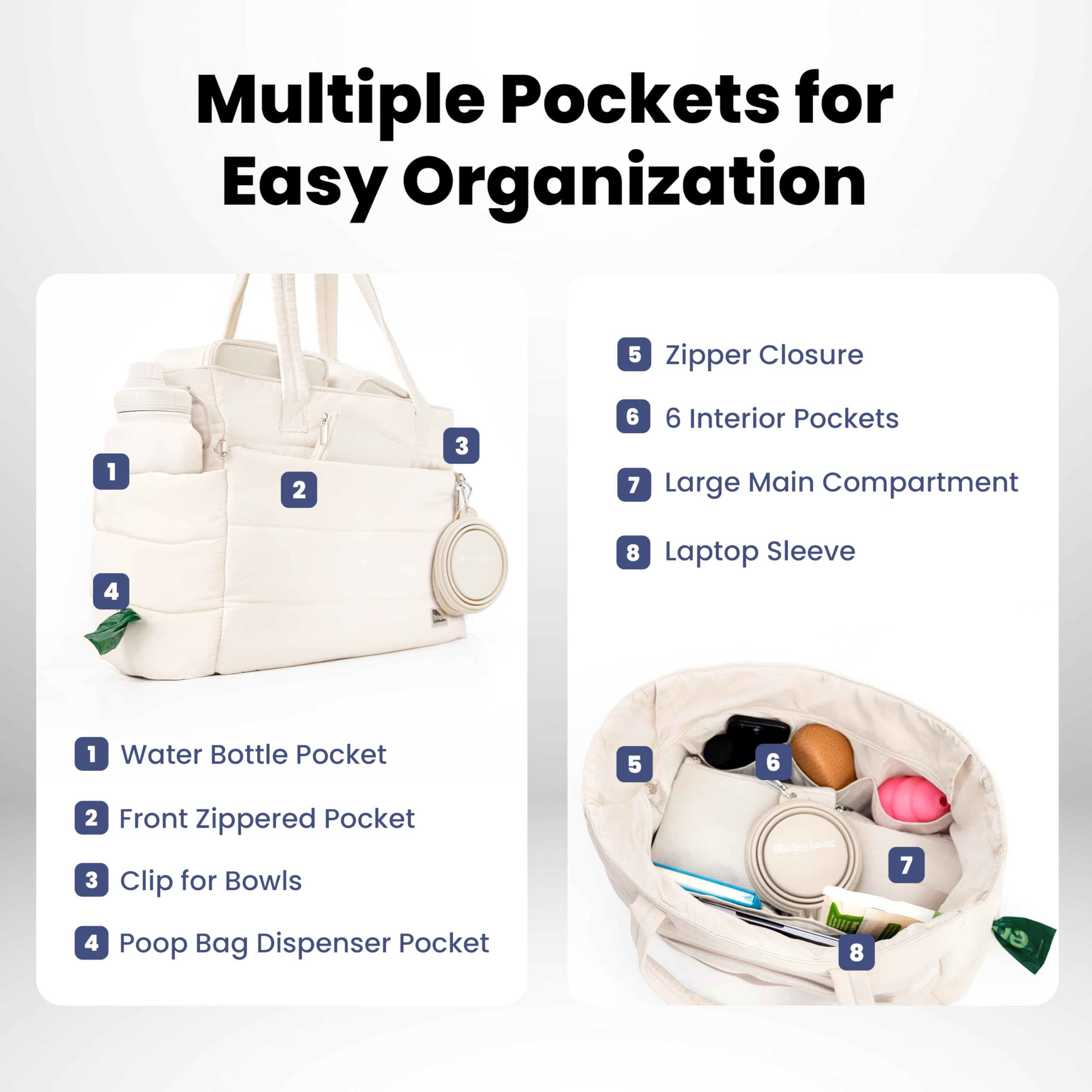 Rubyloo Puffer Bag's nine pockets help you stay organized.