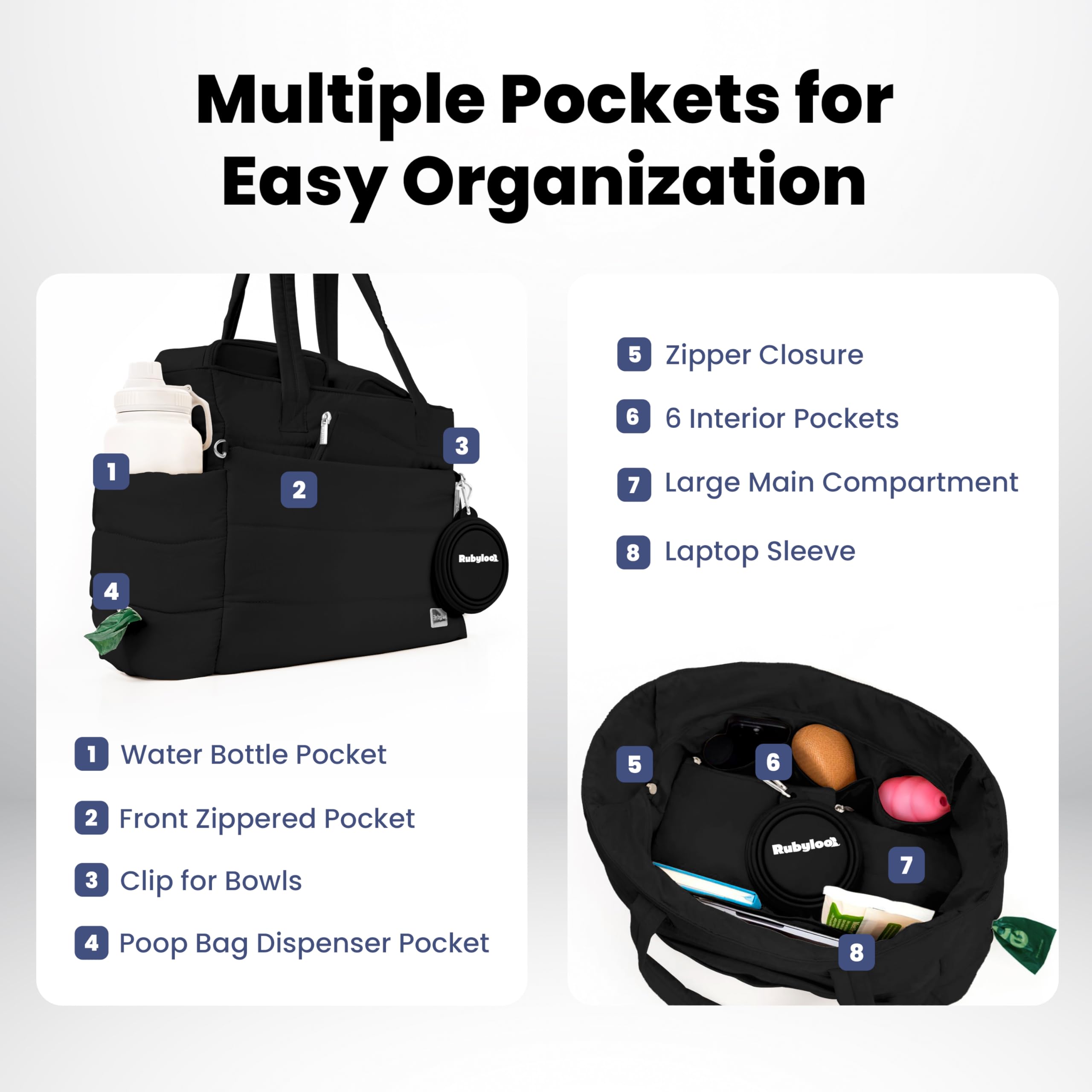 Rubyloo Puffer Dog Travel Bag pocket organization for quick access to essentials