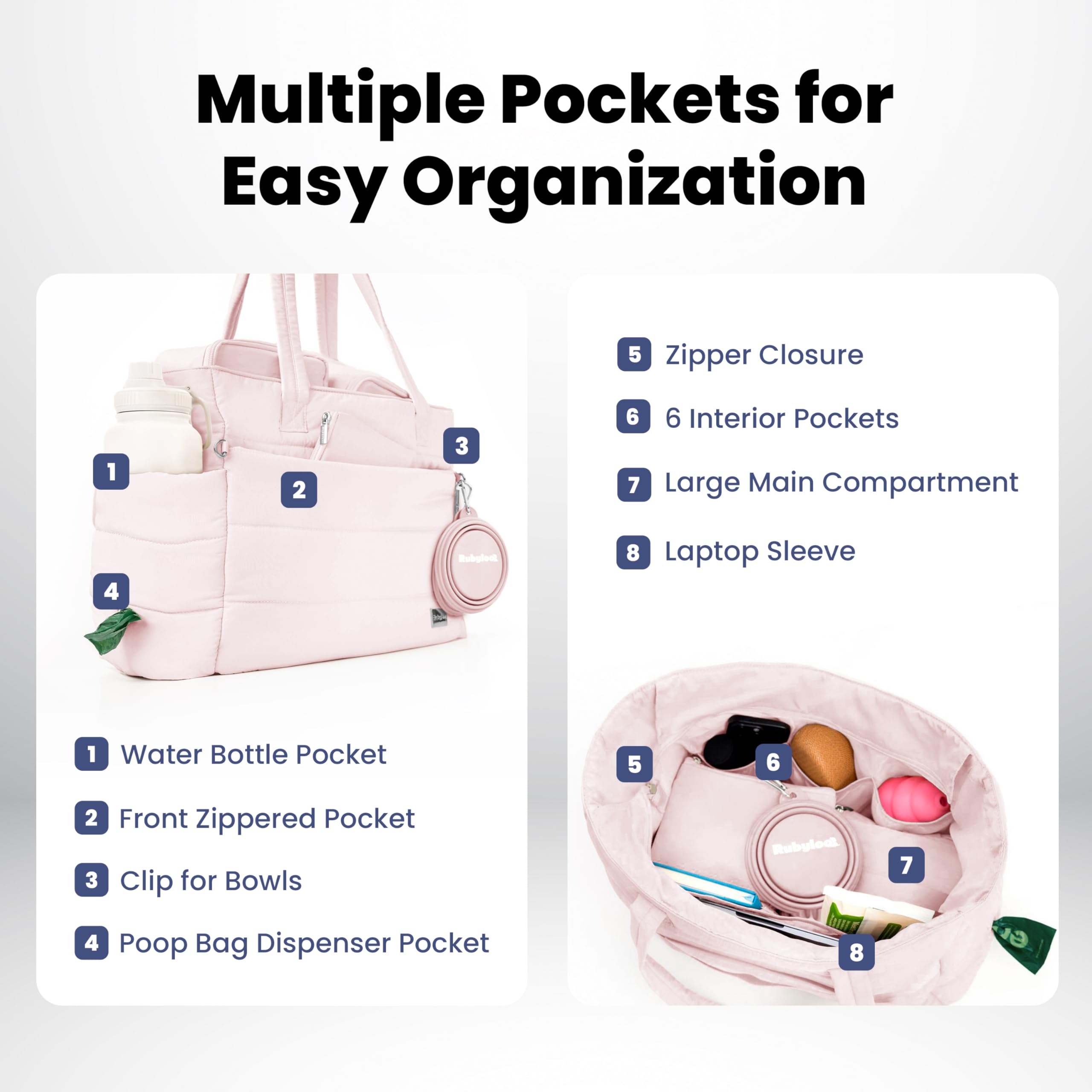 Rubyloo Puffer Dog Travel Bag features a dedicated poop bag pocket.