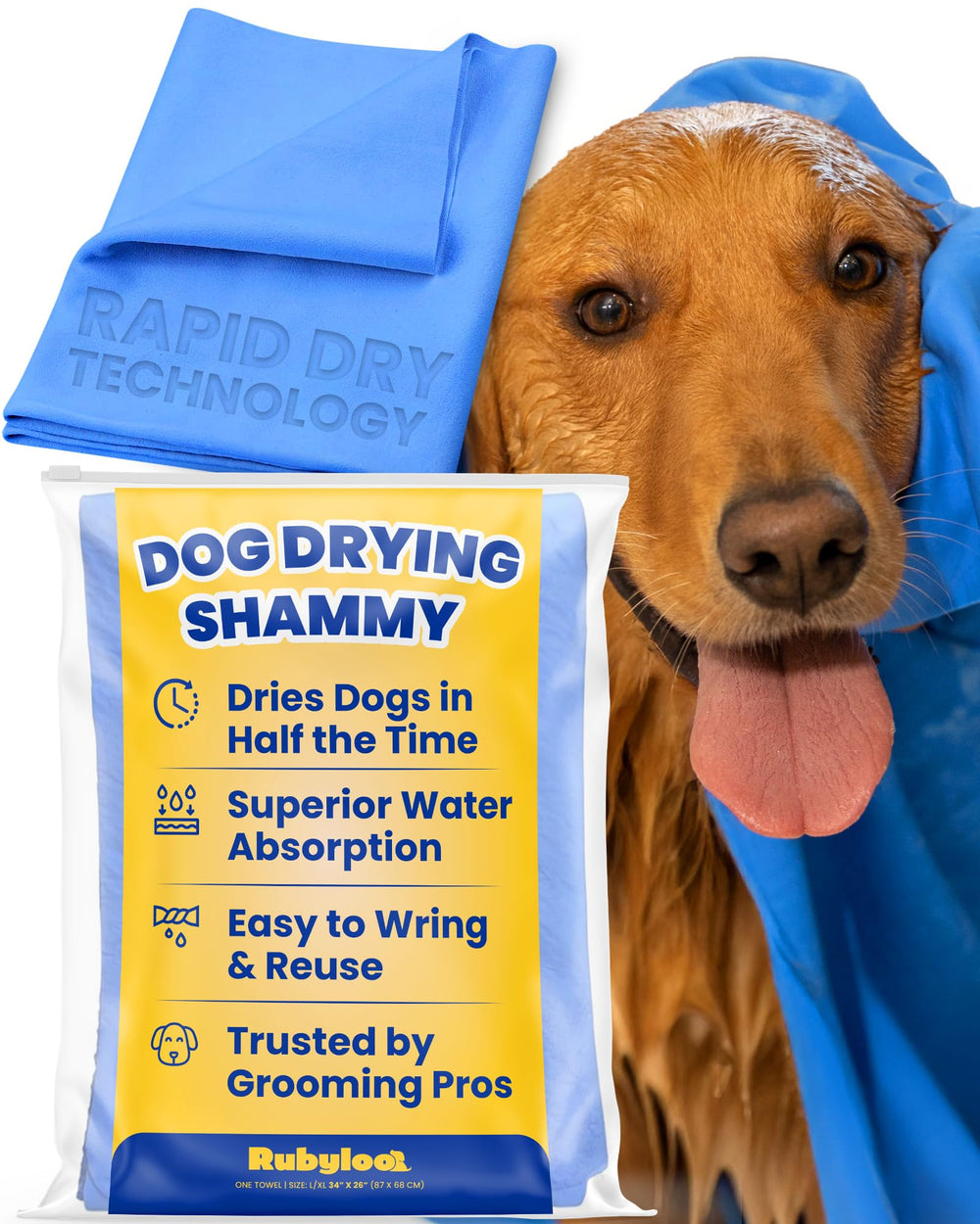 Rubyloo shammy dog towel drying after bath for quick coat dryness