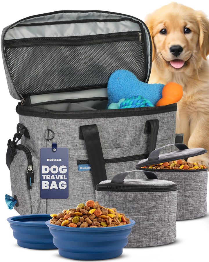 Rubyloo The Original Doggy Bag grey front view showing organized travel layout for dogs