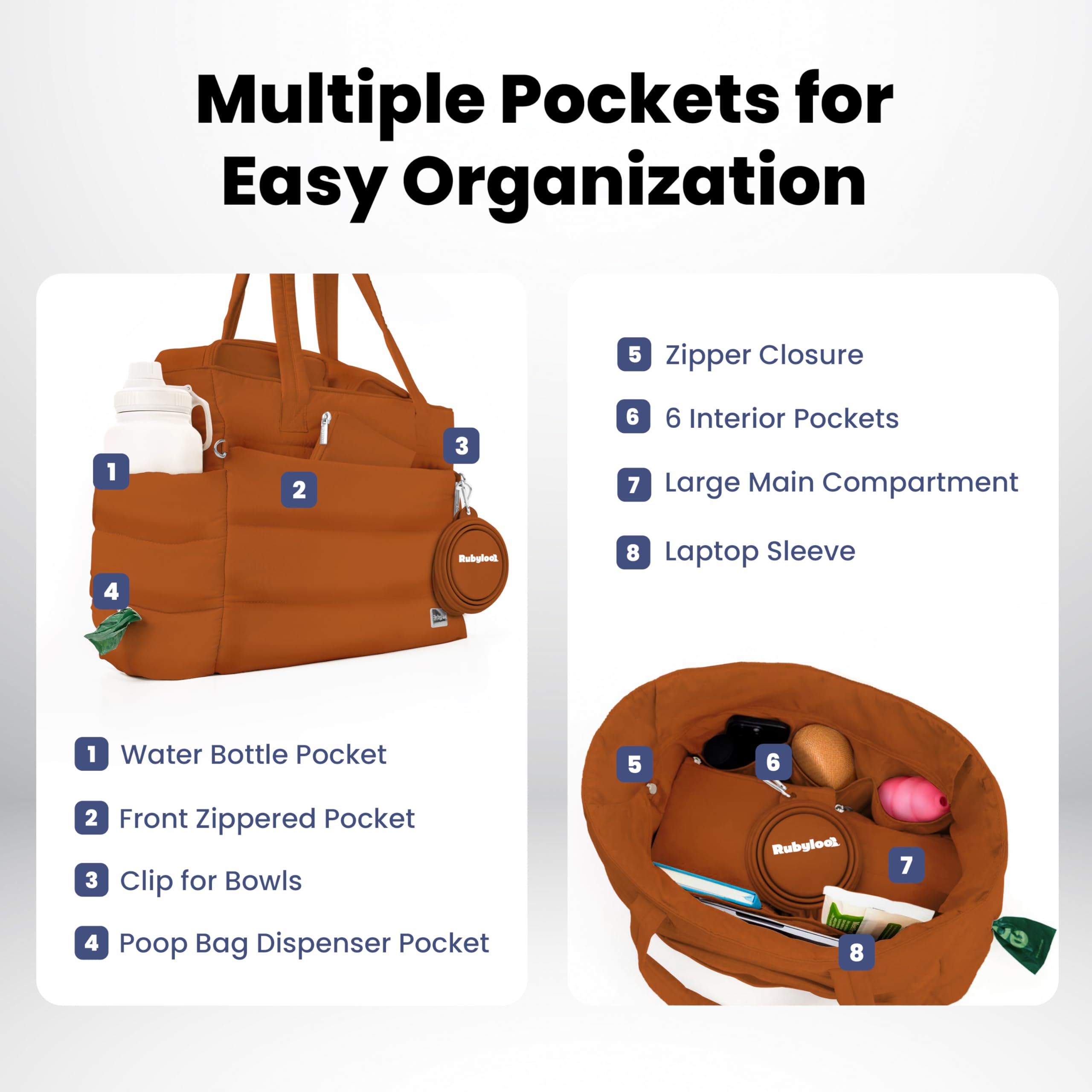 rubyloo puffer bag with collapsible bowls ready for on-the-go hydration and meals.