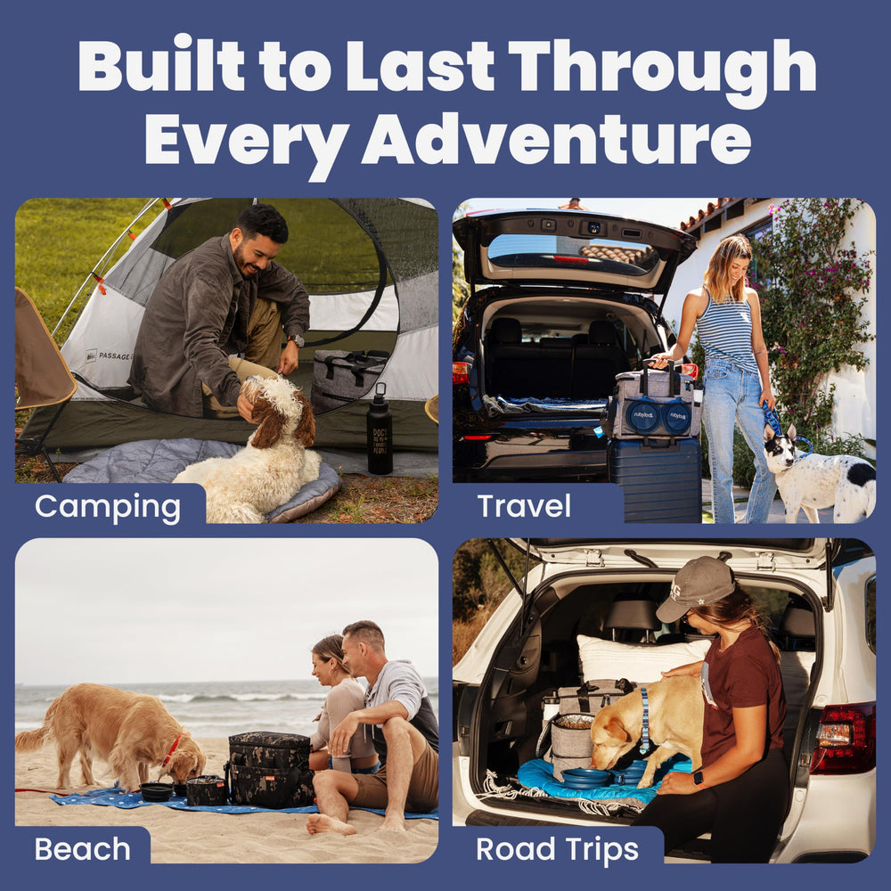 Rubyloo travel bag positioned under an airplane seat for convenient pet travel