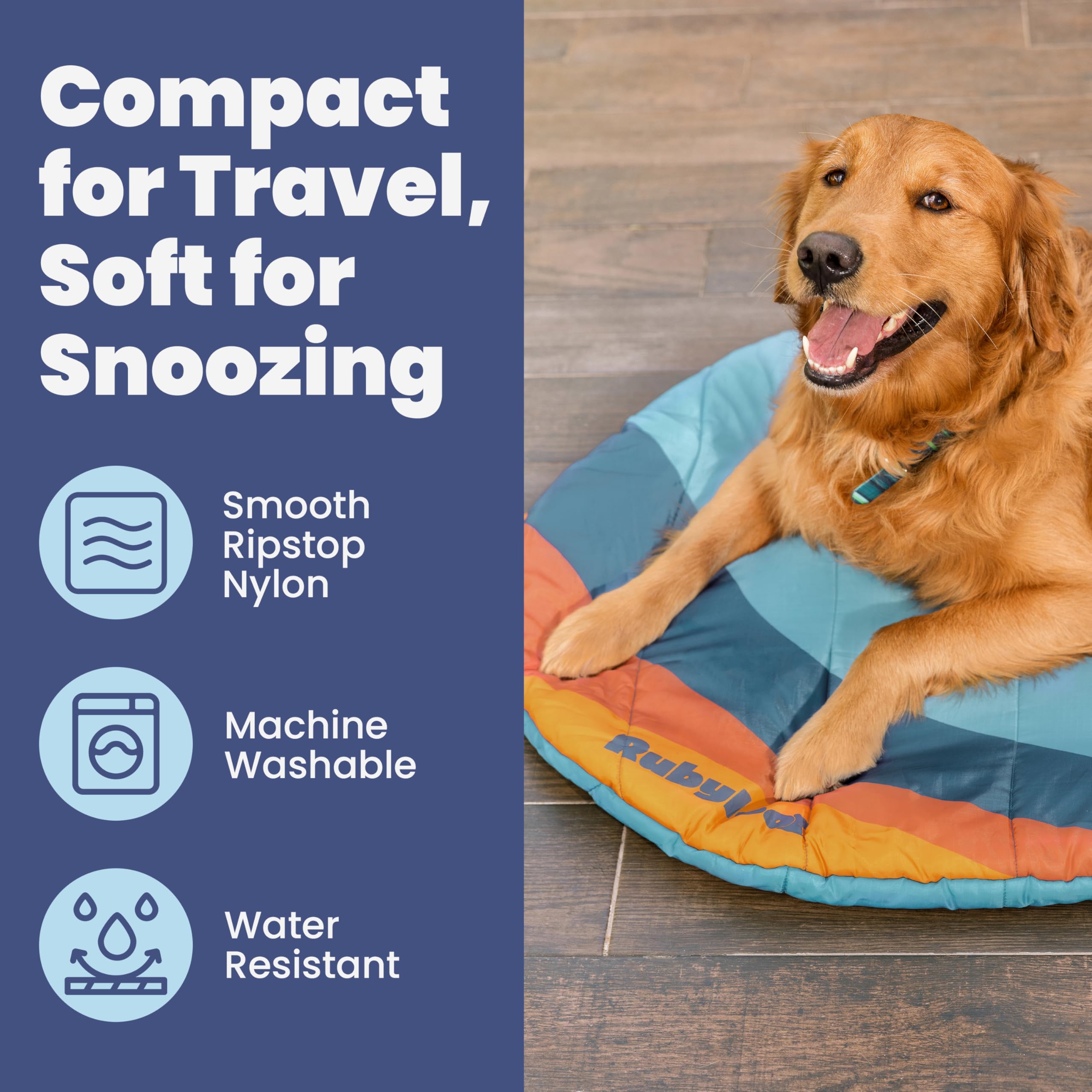 Rubyloo travel dog bed teal color on outdoor surface for all-season use