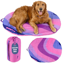 Rubyloo travel dog bed rolled in pink for easy packing