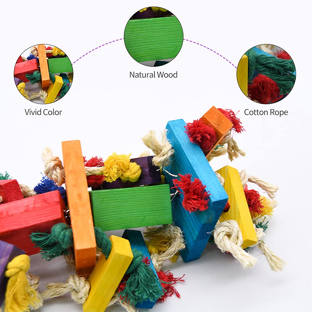 RubyQ parrot toy with natural wood and cotton for durability.