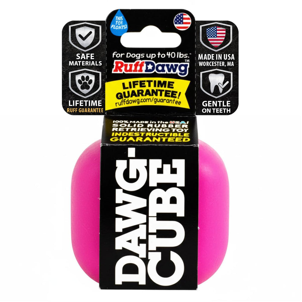 Ruff Dawg Cube toy in action, rugged cube design for aggressive chewers.