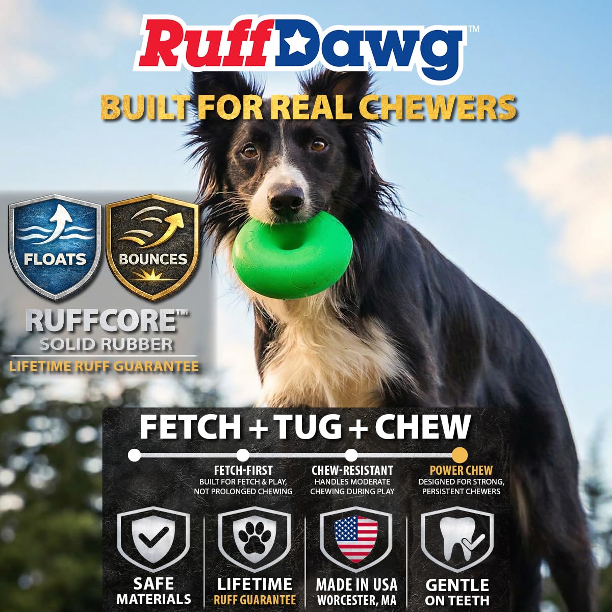 Ruff Dawg Donut bounce toy showing irregular bounce for fetch.