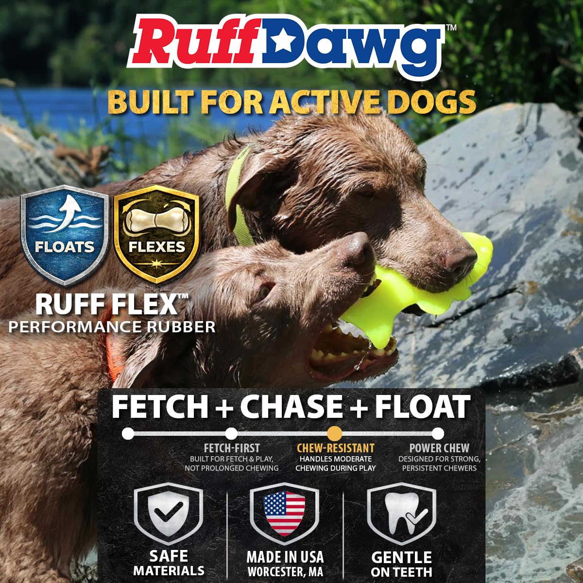 Ruff Dawg floats on water for pool, lake, or beach play.