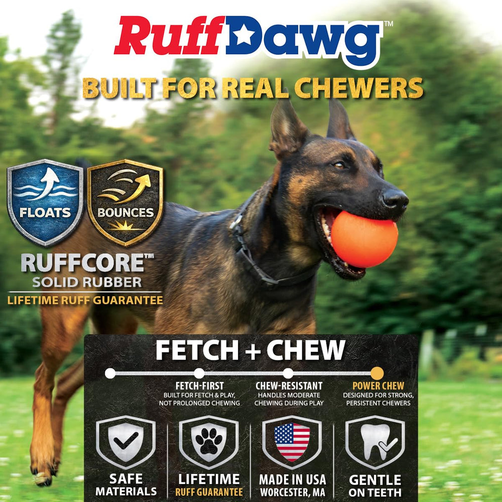 Ruff Dawg heavy-duty rubber ball for powerful chewers and long-lasting fetch.