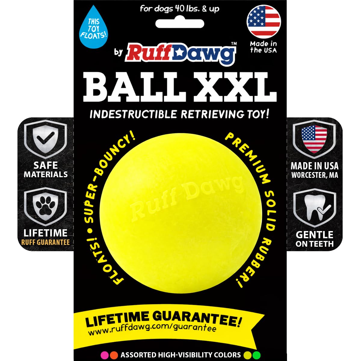 Ruff Dawg indestructible dog ball XXL for aggressive chewers; durable one-piece rubber.