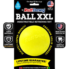 Ruff Dawg indestructible dog ball XXL for aggressive chewers; durable one-piece rubber.