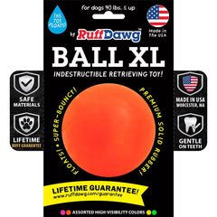 Ruff Dawg Indestructible XL Ball front view, ideal for aggressive chewers during fetch.