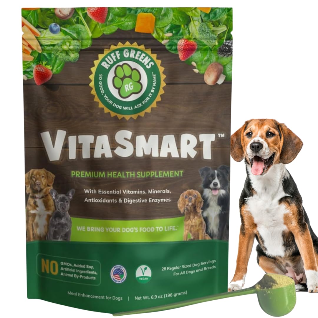 Ruff Greens bottle pour showing dosing for joint support and digestion