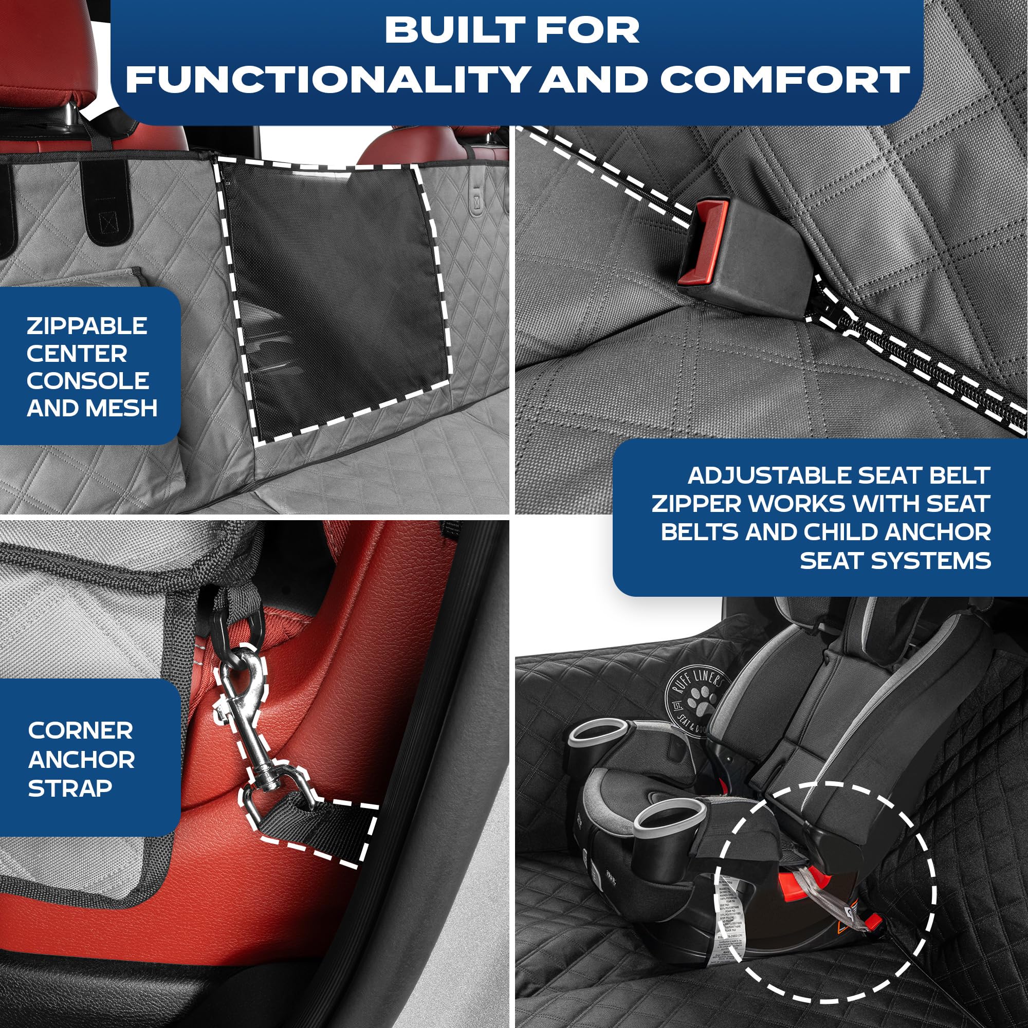 Ruff Liners XL back-seat extender demonstrates door panel protection during travel.