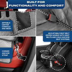 Ruff Liners XL back-seat extender demonstrates door panel protection during travel.