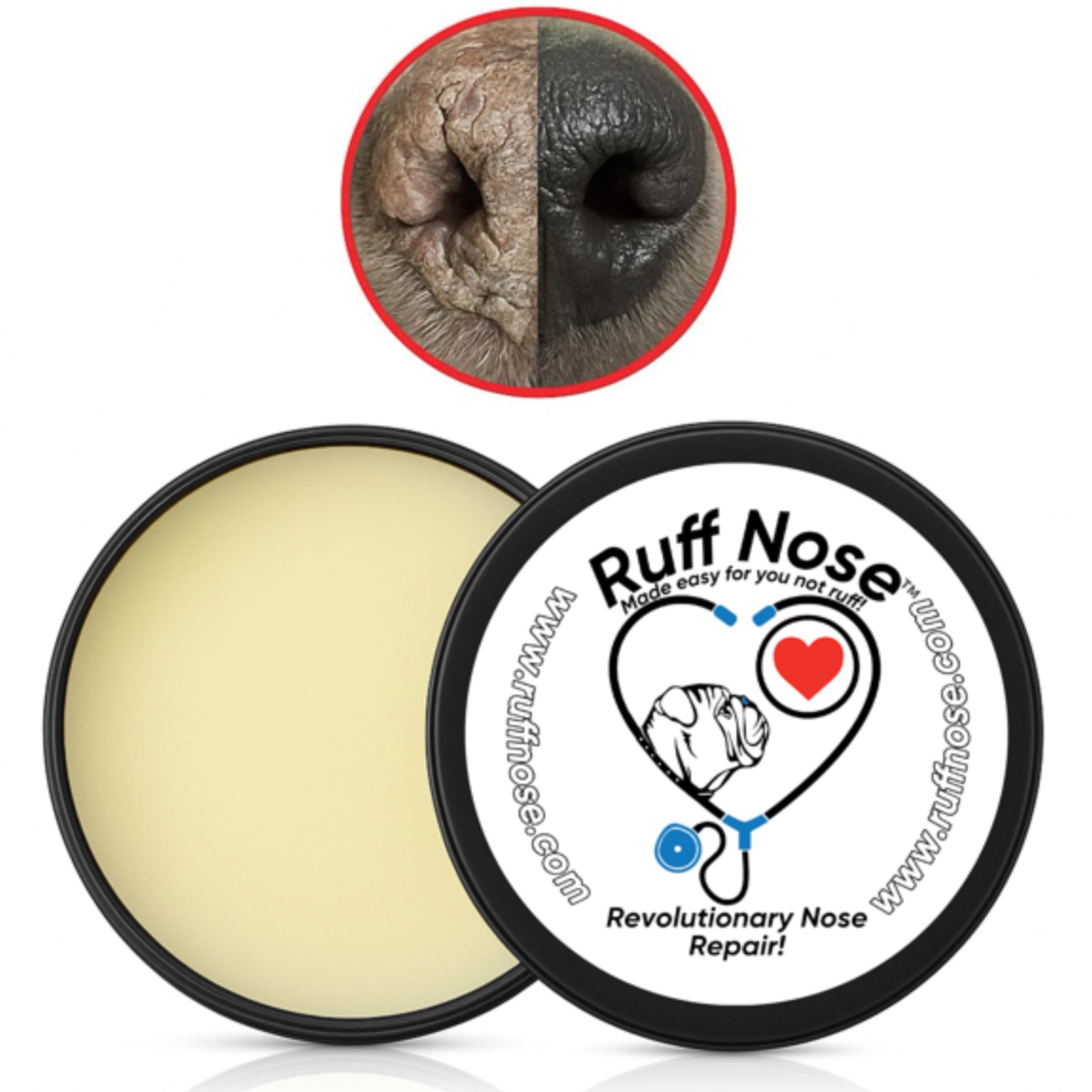 RuffNose balm applied to a dog's nose for soothing moisture