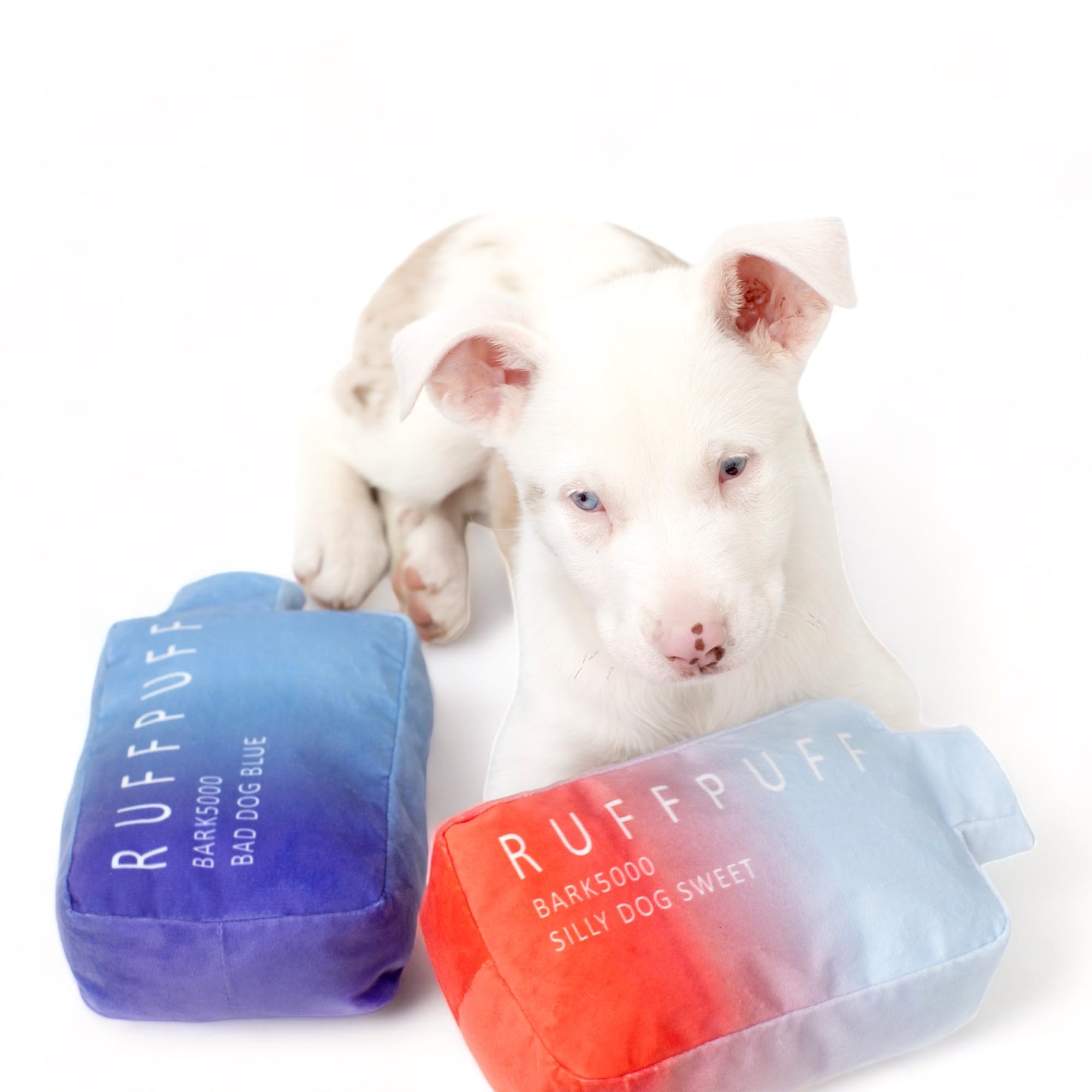 Ruff Puff dog toy showing squeaker and crinkle sounds for interactive fun.