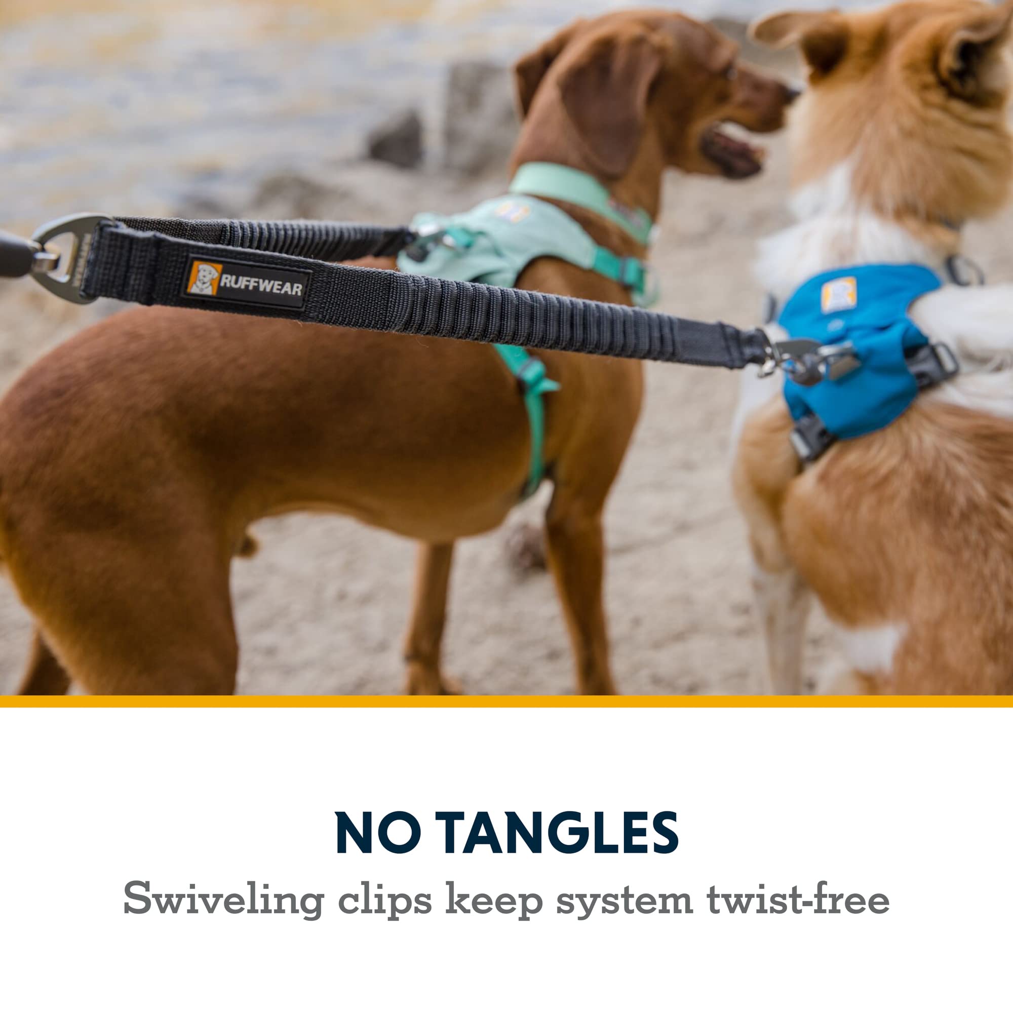 Ruffwear Double Track Coupler enables two dogs walking together without clutter