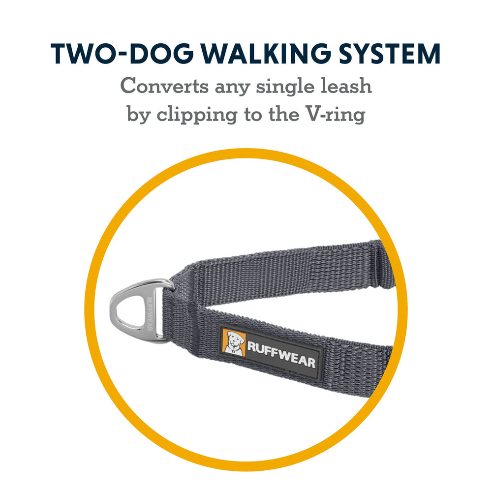 Ruffwear coupler stretch webbing offers smoothing support for two dogs on trails