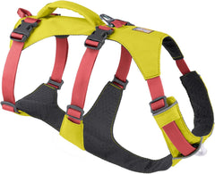 Ruffwear Flagline harness on a dog in lichen green highlighting mobility and comfort.