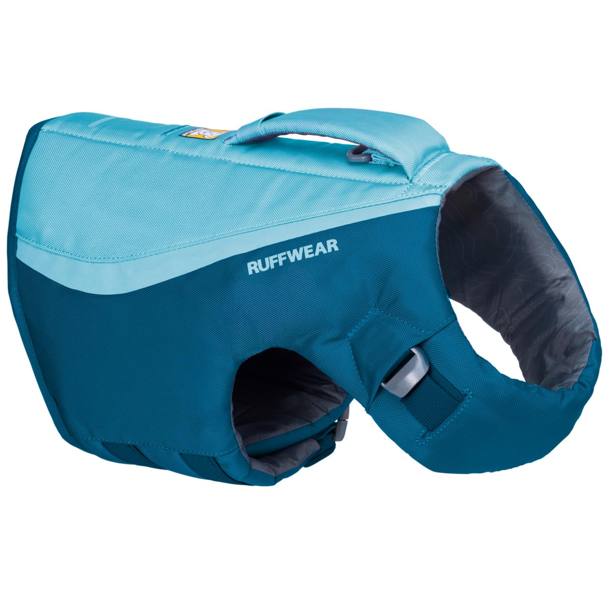 Ruffwear Float Coat close-up showing buoyant panels for confident swimming.