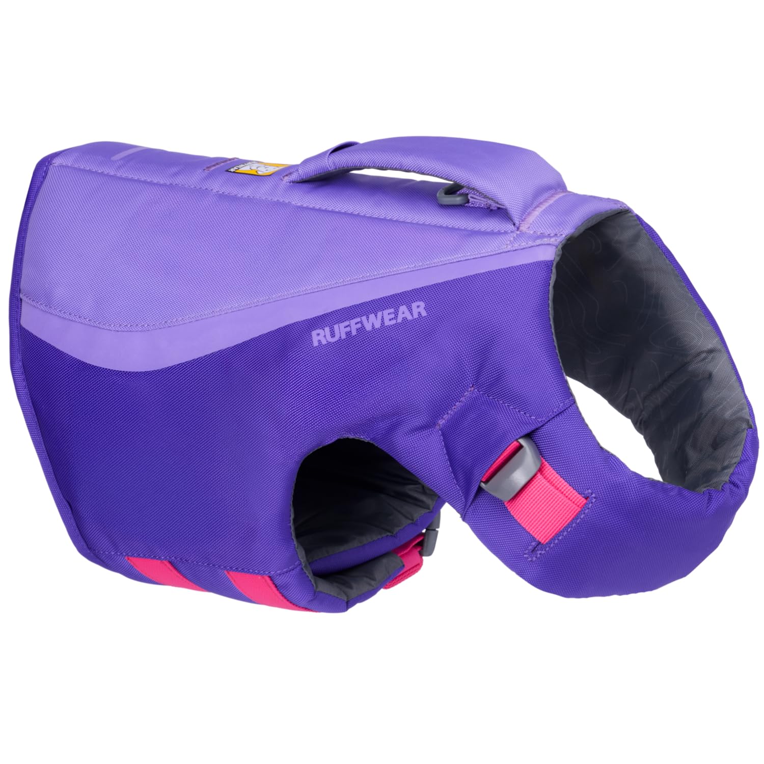 Ruffwear Float Coat purple lily side view shows secure fit for confident swimming