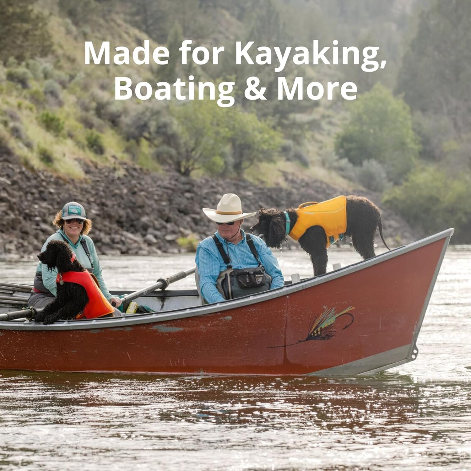 Ruffwear Float Coat reflective trim enhances visibility during dusk water adventures.