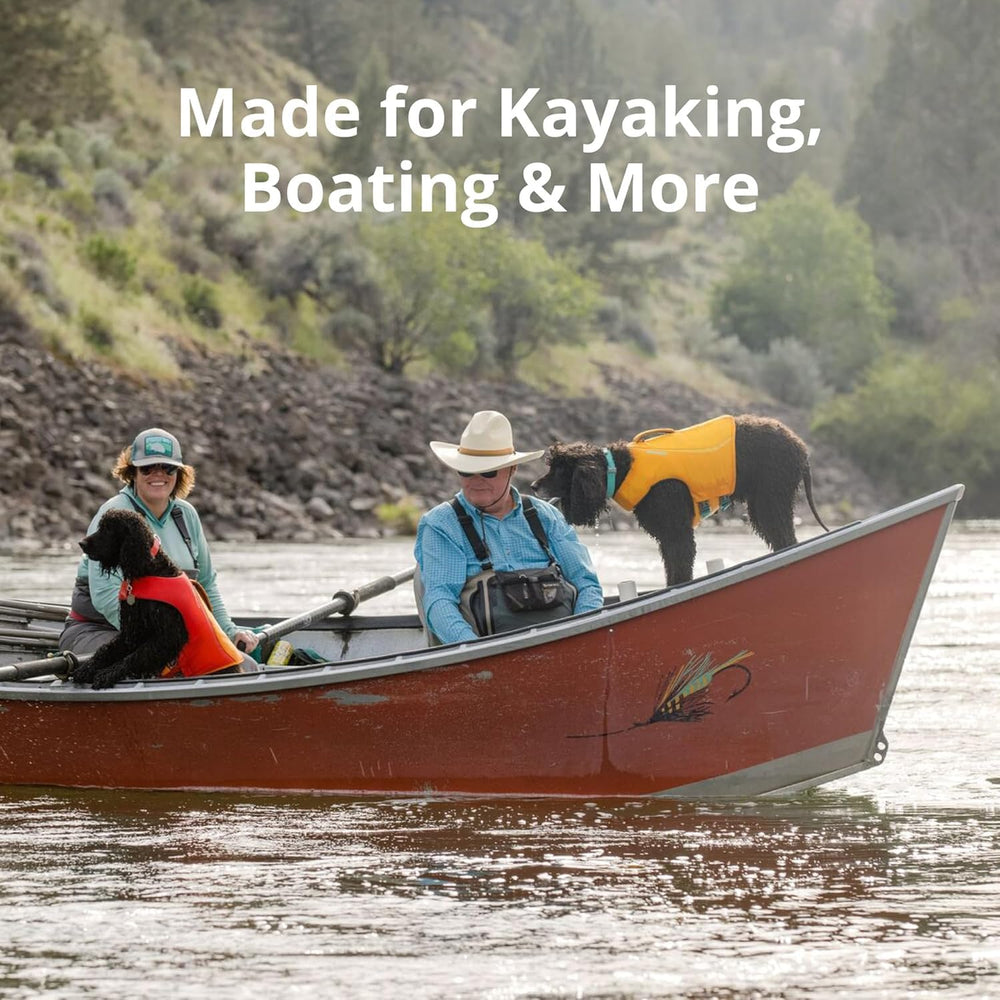 Ruffwear Float Coat reflective trim enhances visibility during dusk water adventures.