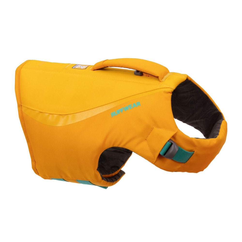 Ruffwear Float Coat Wave Orange Medium - front view highlighting buoyant panels for confident swimming.