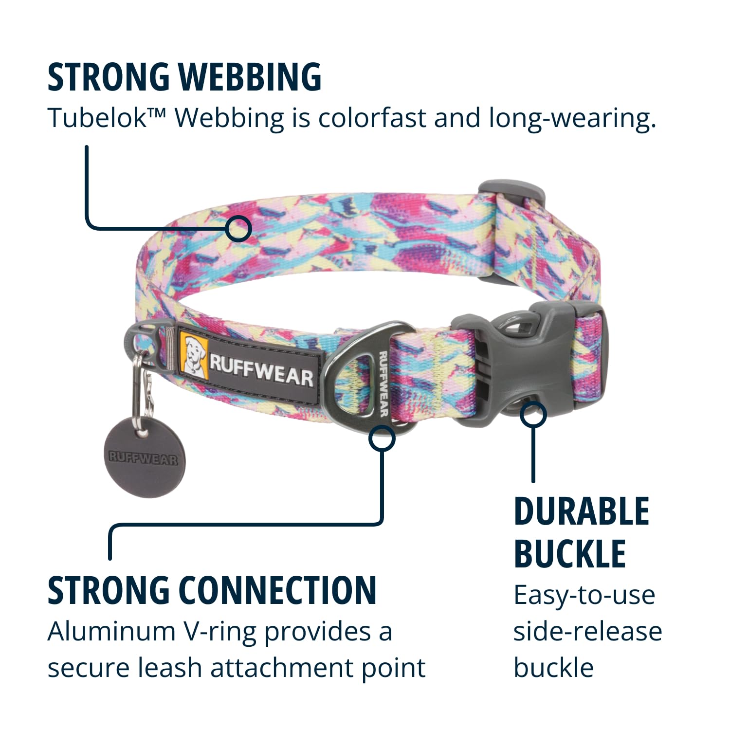 Ruffwear Front Range collar Tubelok webbing closeup highlighting colorfast durability.