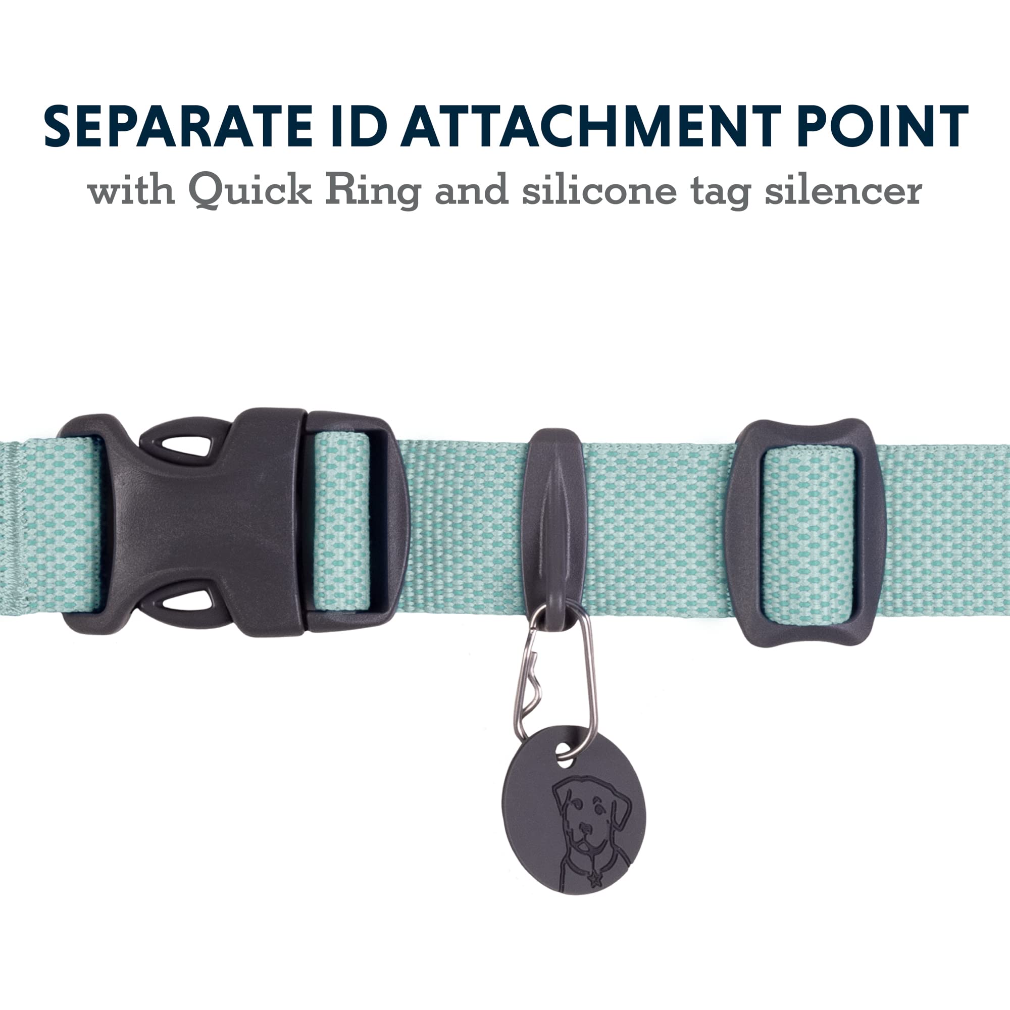 Quick Ring and aluminum D-ring allow quick tag changes on Ruffwear collar.