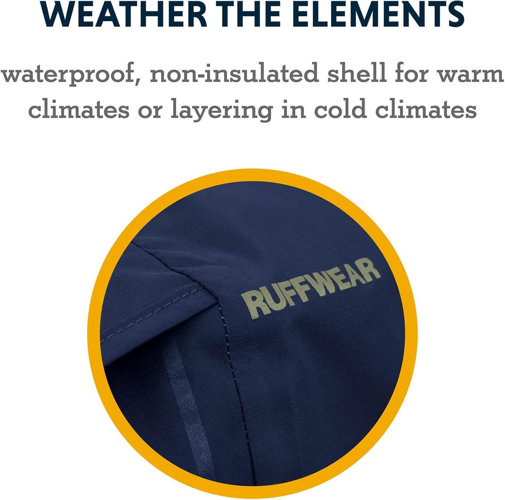 Ruffwear Sun Shower raincoat hem cinch helps secure fit during runs.