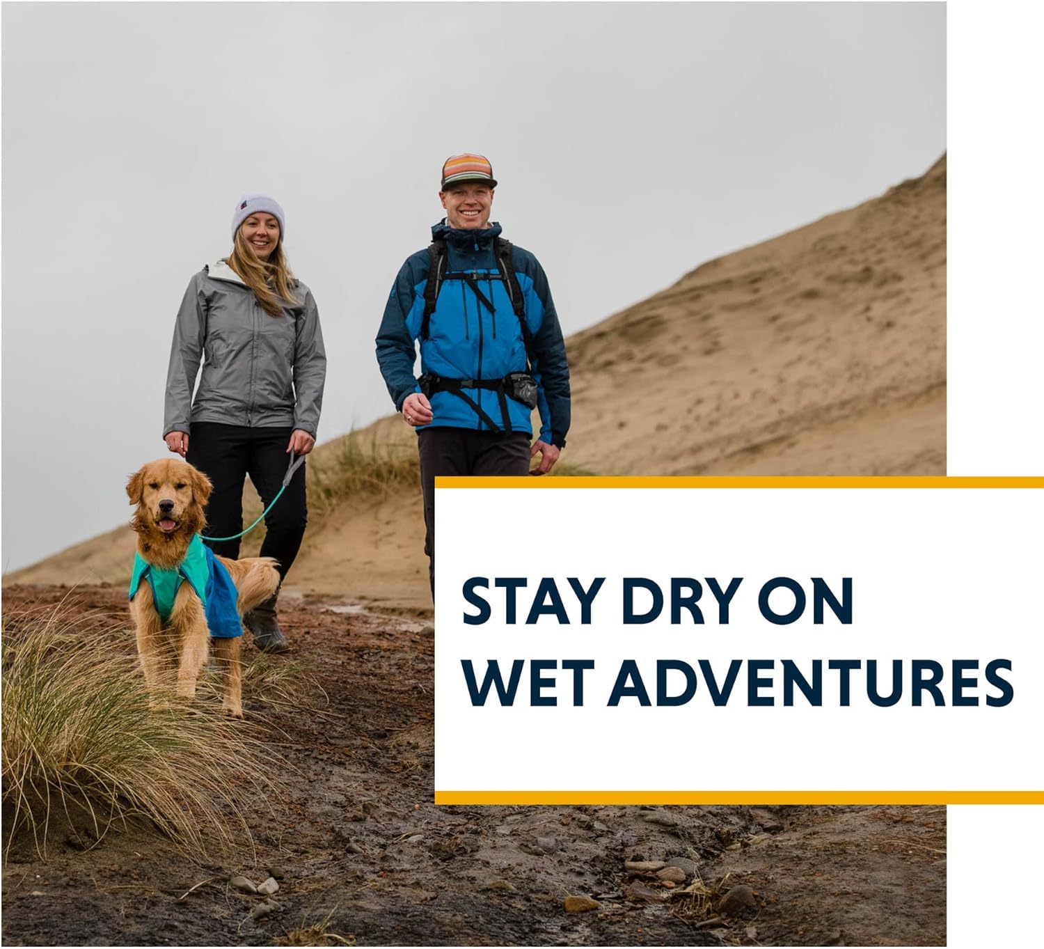 Ruffwear Sun Shower raincoat mineral yellow color boosts visibility.