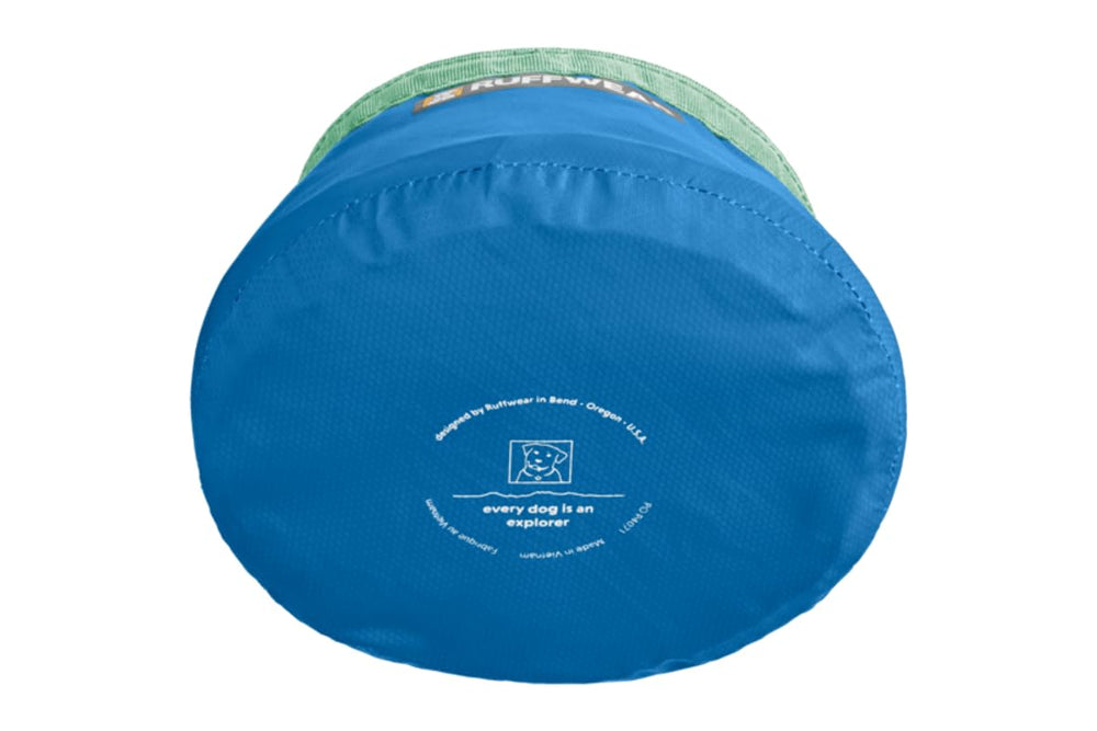 Ruffwear Trail Runner Bowl in use during a trail run with a thirsty dog.