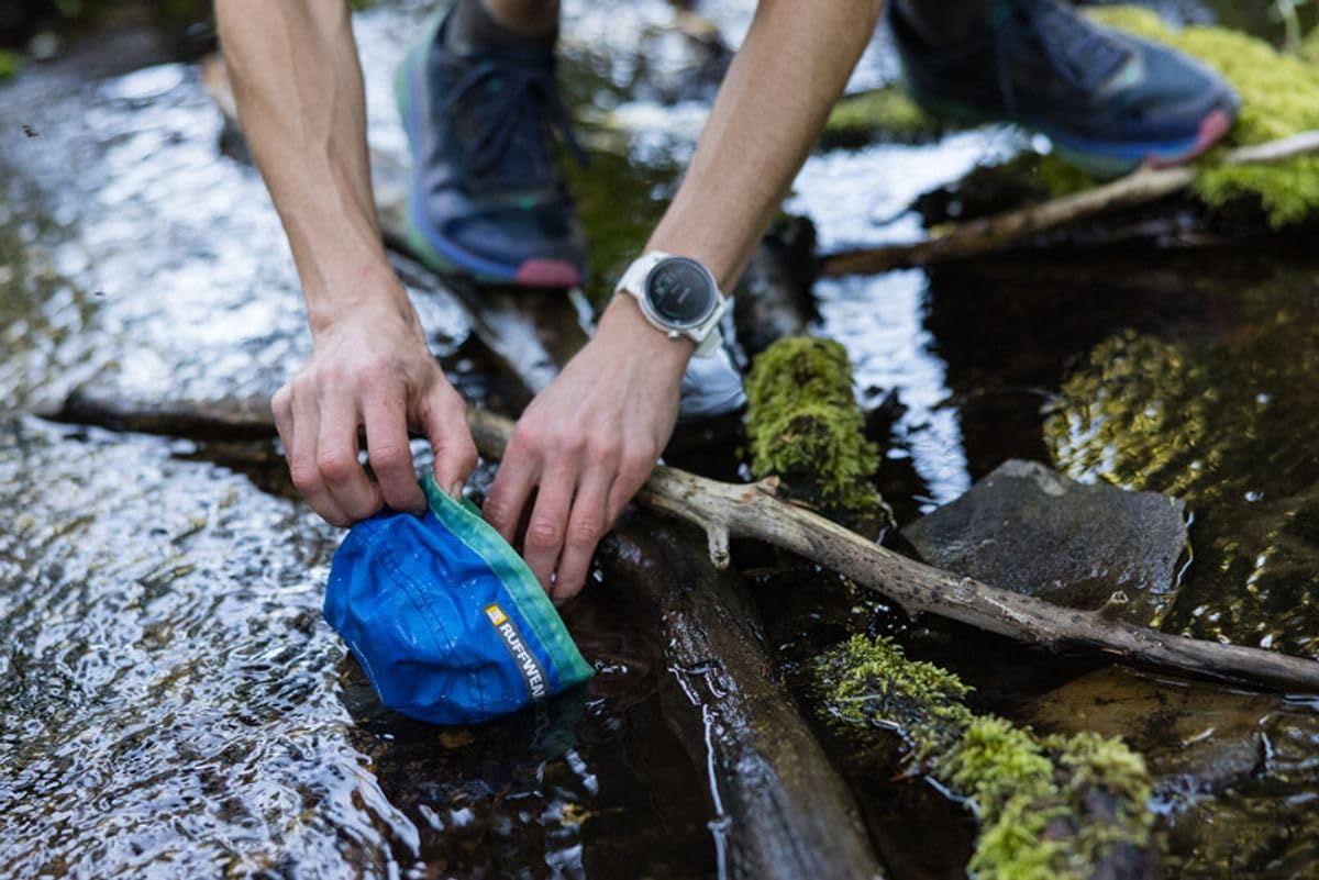 Ruffwear Trail Runner Bowl waterproof coated interior keeps water contained.