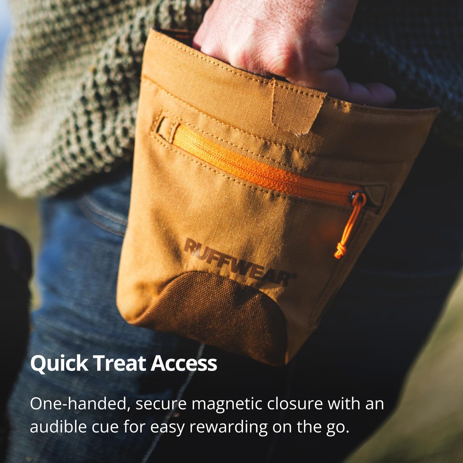 Ruffwear Treat Trader magnetic closure with audible cue and secure seal.