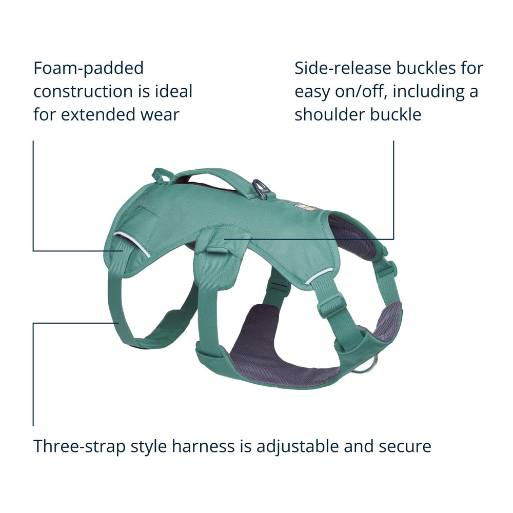 Ruffwear Web Master full-body support distributes weight for comfort on uneven terrain.