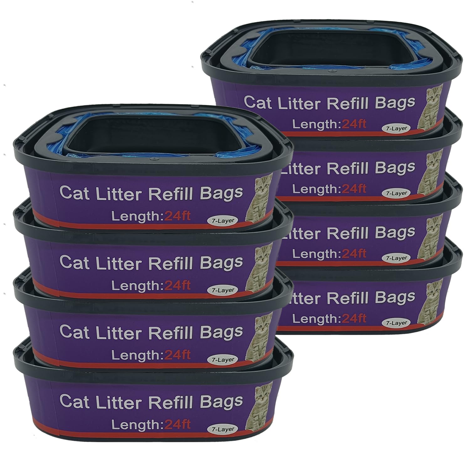 RUNDE cat litter refill cartridge in an 8-pack, compatible with Genie pails for easy refresh.