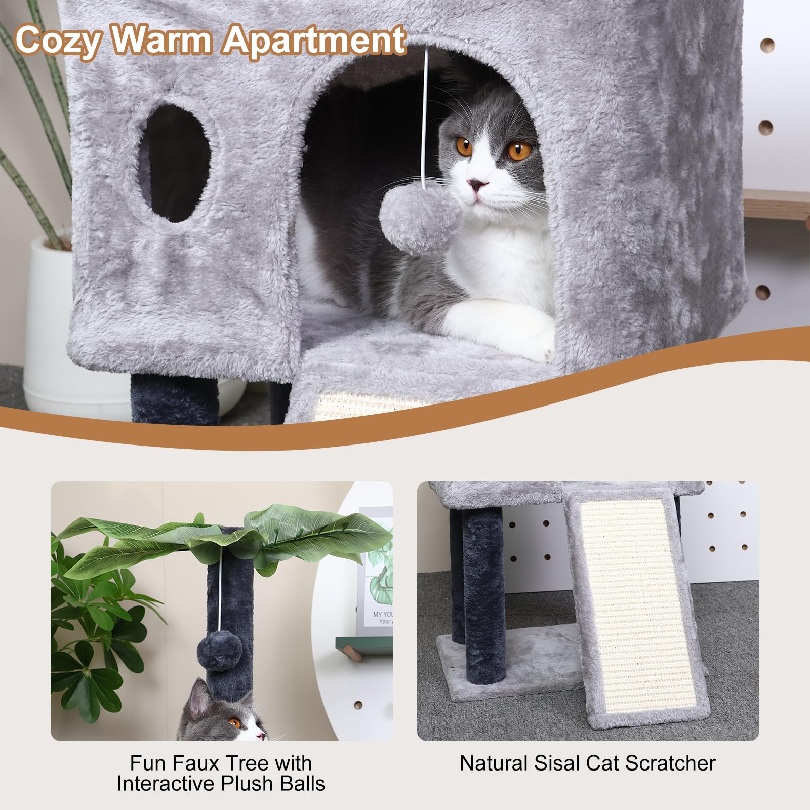 Runske 41-inch cat tree plush lining offers comfy lounging.
