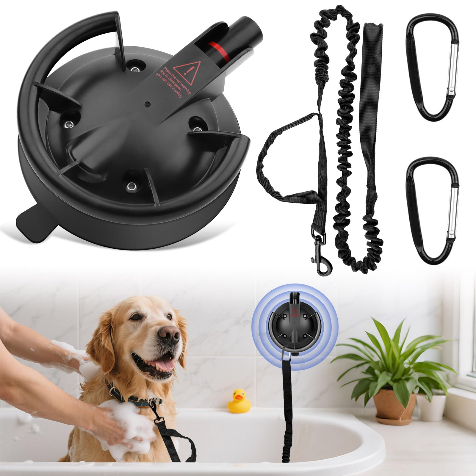 Ruppence dog bathing suction cup with tether provides secure, hands-free bathing for dogs of all sizes.