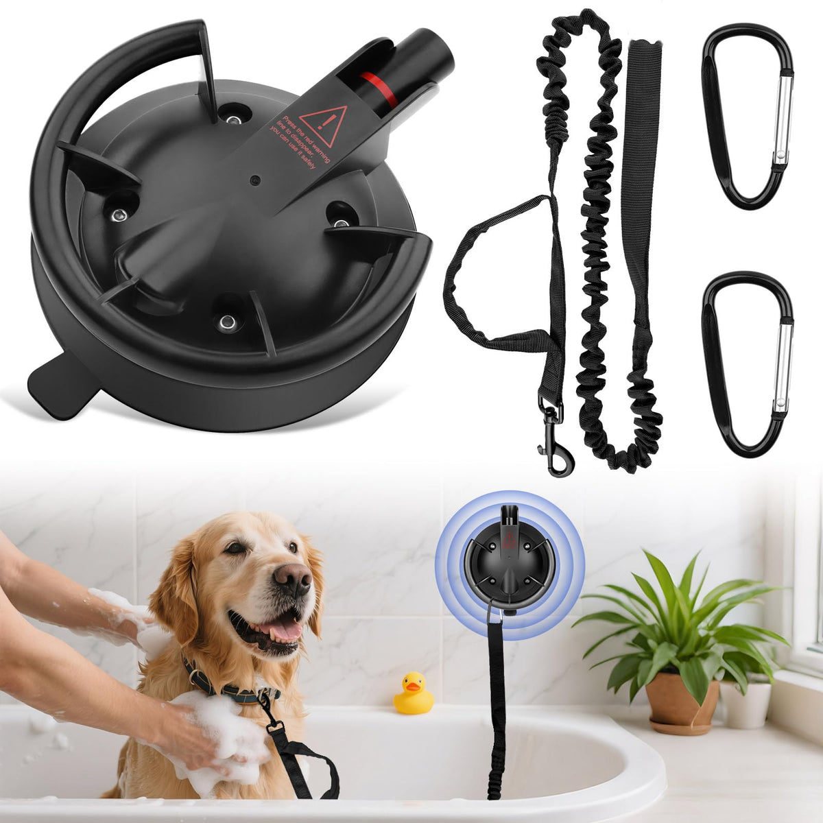 Ruppence dog bathing suction cup with tether provides secure, hands-free bathing for dogs of all sizes.