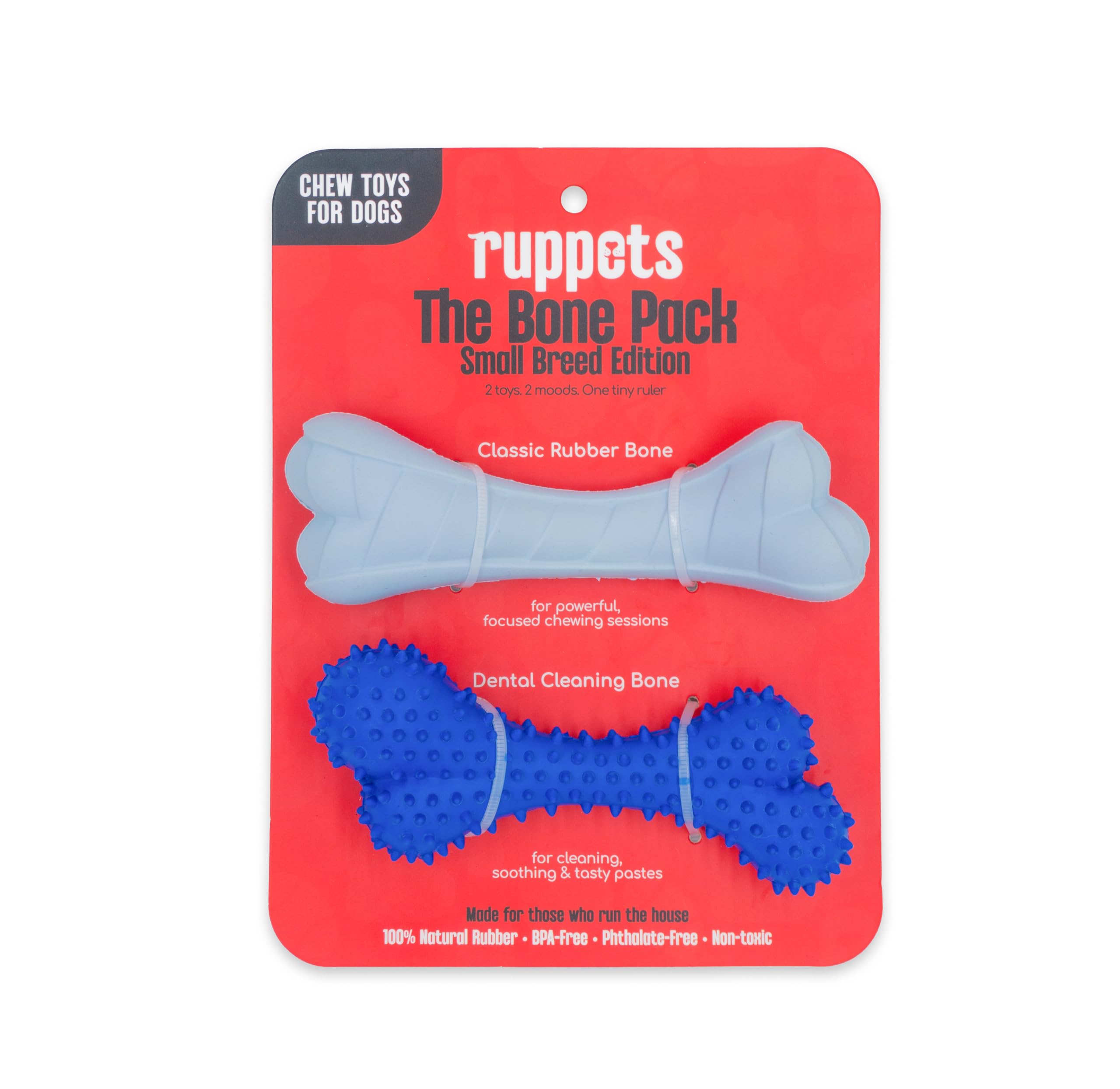 Ruppets soft rubber dog bones for small dogs — close-up shows textured grooves for teething.