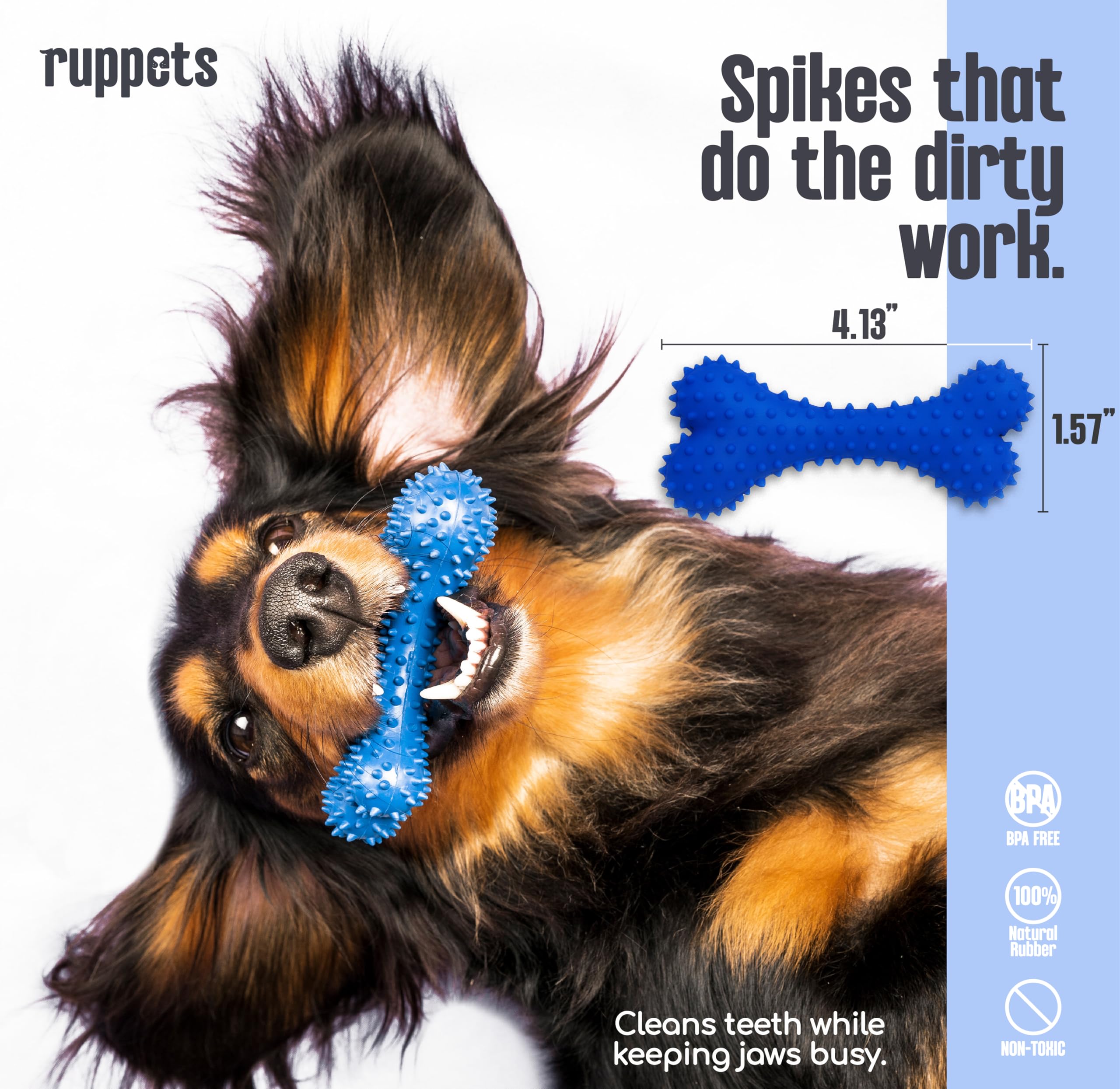 Ruppets two-pack rubber bones for teething, highlighting soft chew textures for puppies.