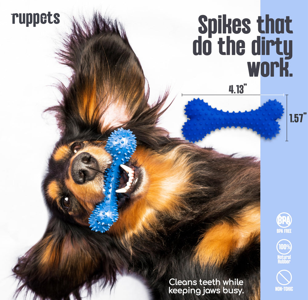 Ruppets two-pack rubber bones for teething, highlighting soft chew textures for puppies.
