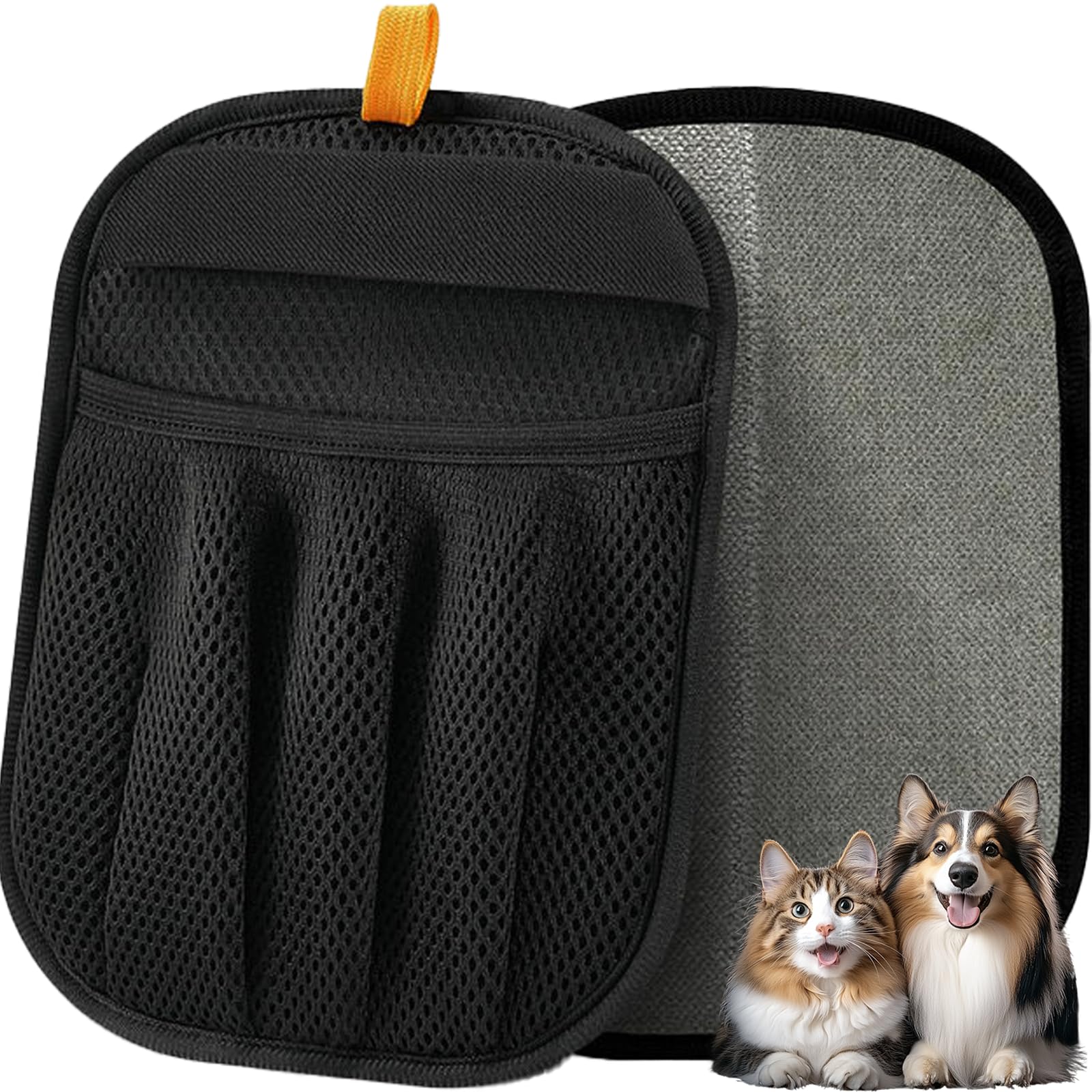 RWUSX pet hair removal glove on hand showing five-finger design for easy grooming.