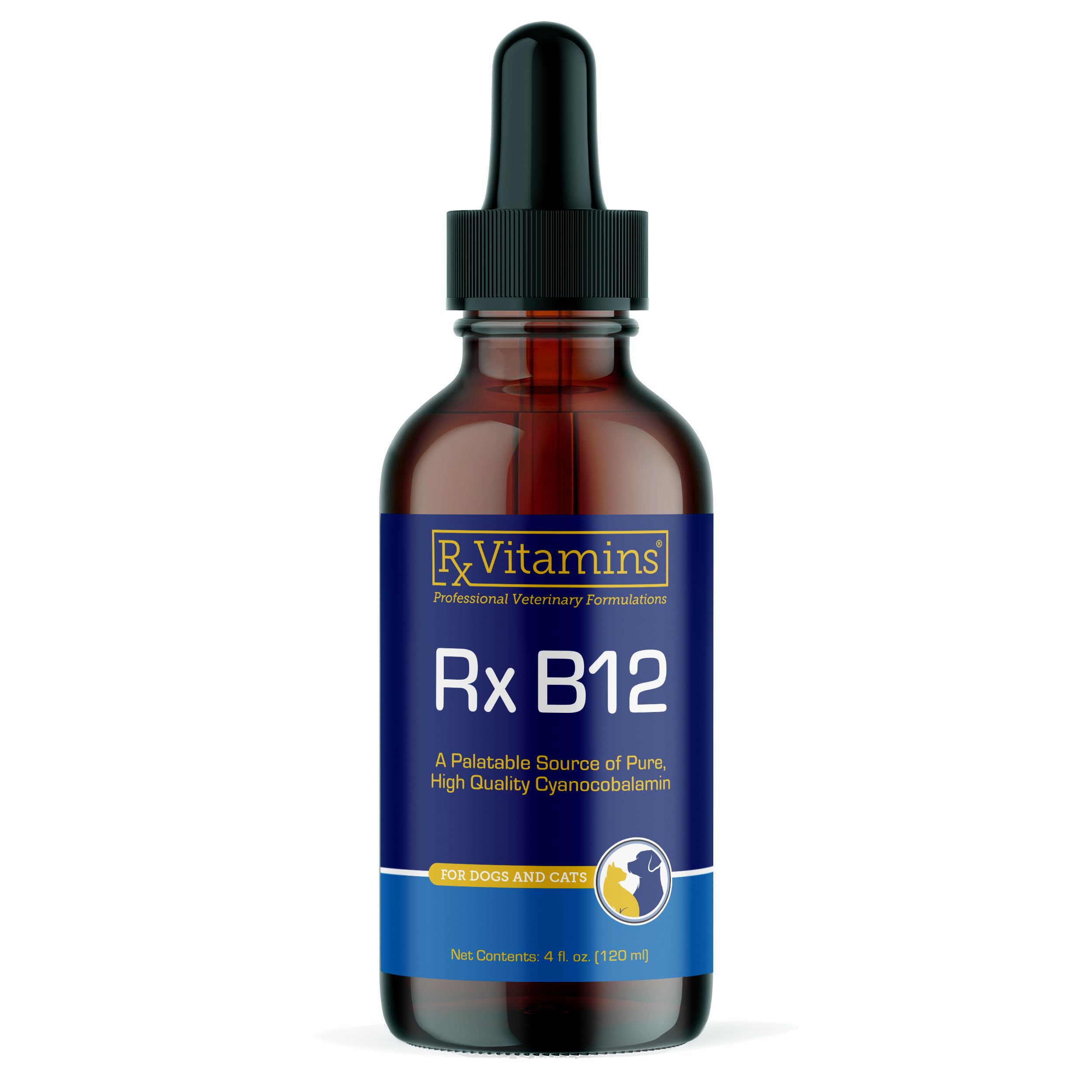 Rx Vitamins B12 for dogs and cats bottle on shelf highlighting digestive support.
