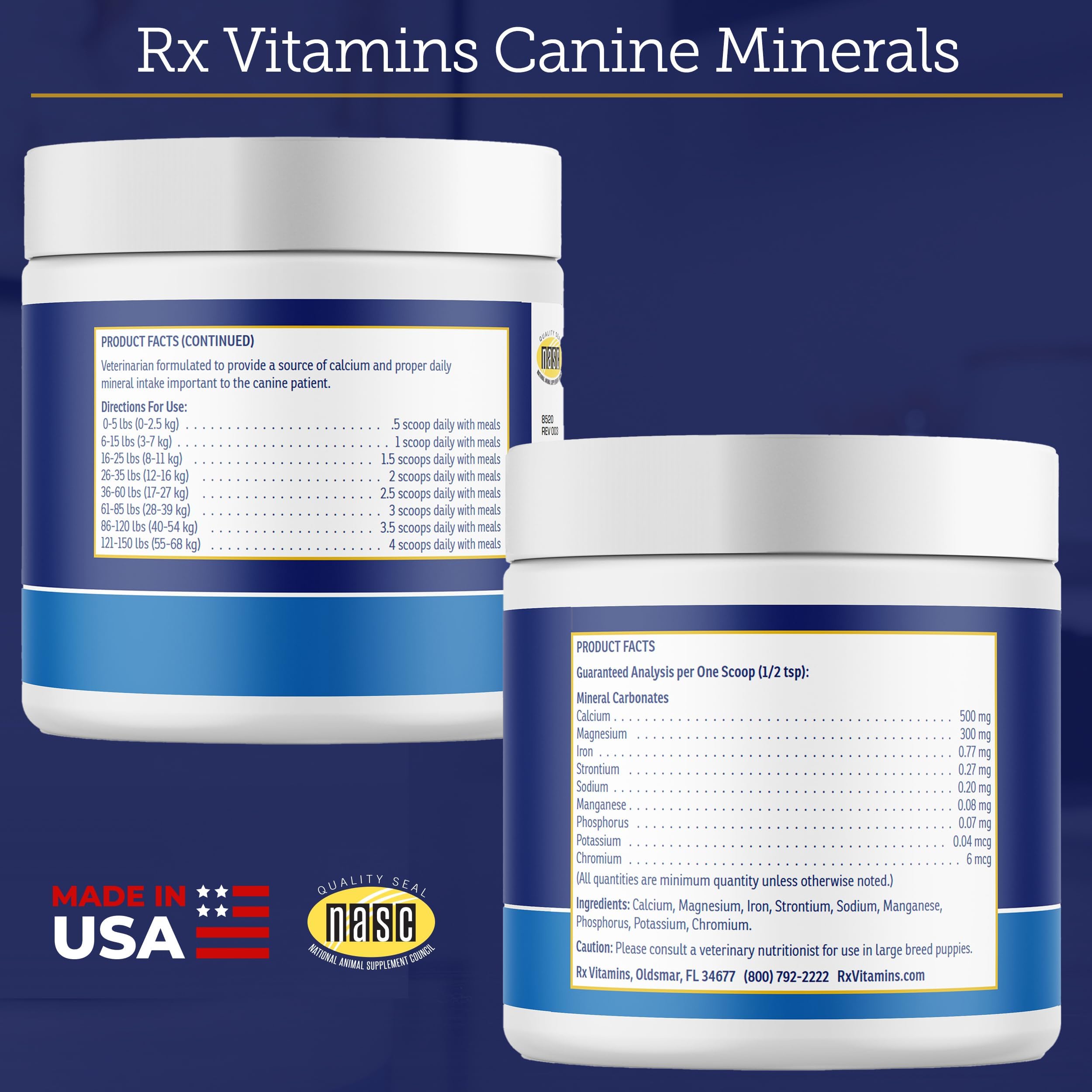 Rx Vitamins Canine Minerals packaging side with usage and ingredients