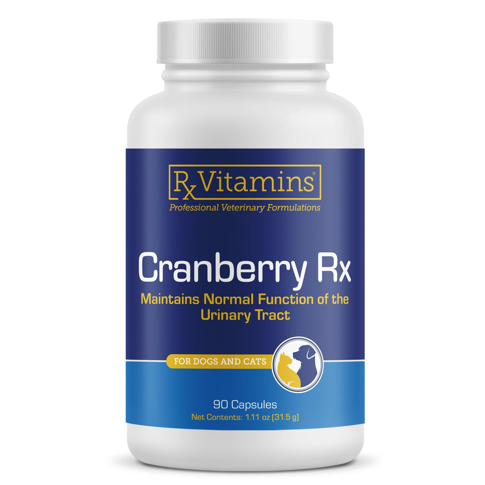 Rx Vitamins cranberry capsules for dogs and cats promote urinary tract support.