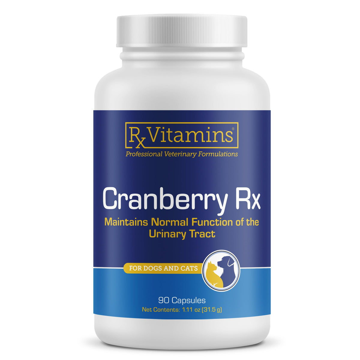 Rx Vitamins cranberry capsules for dogs and cats promote urinary tract support.